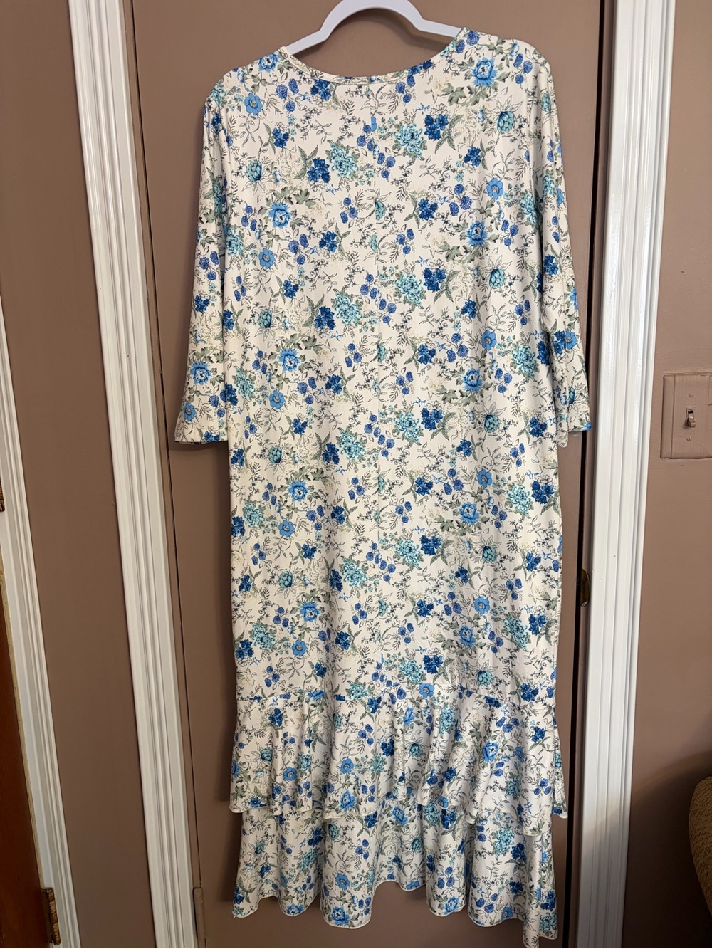 Cream Midi Dress with Blue Floral Print and Ruffle Hem